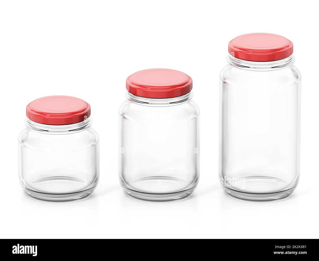 Empty glass jars with red lids isolated on white background. 3D