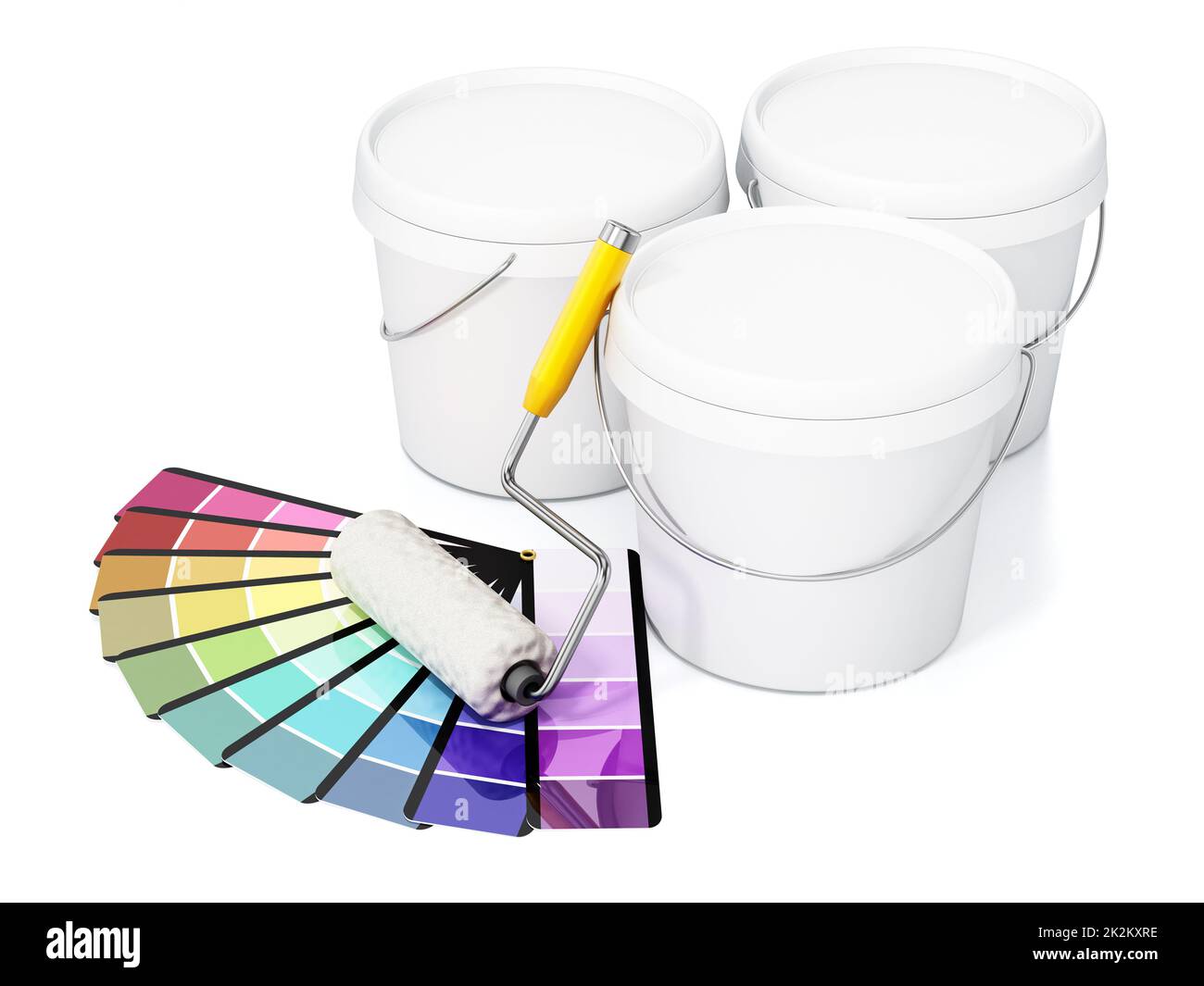 Blank white plastic paint buckets, paint roller and color guide