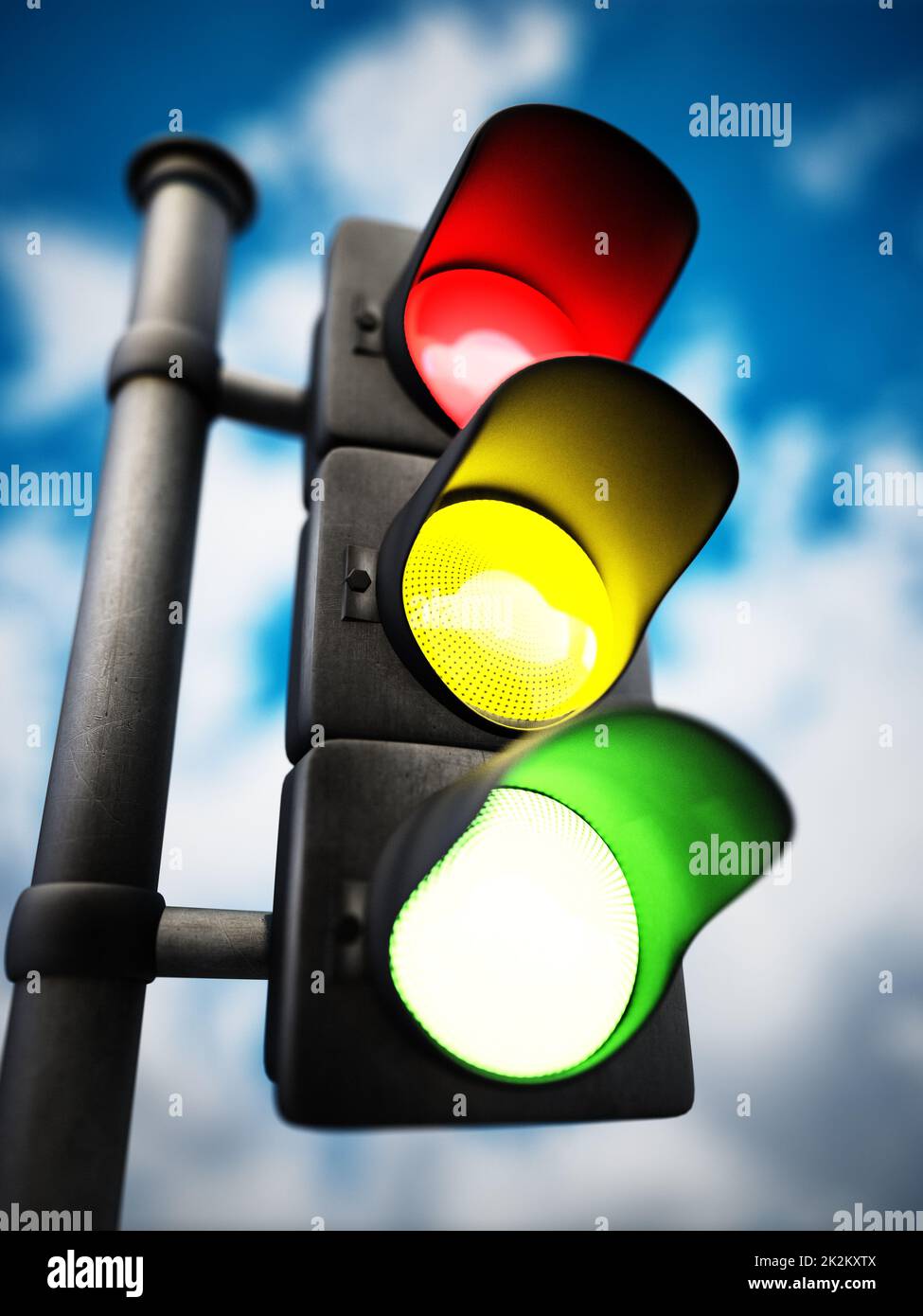 Traffic lamp with red, yellow and green lights on against blue background. 3D illustration Stock Photo