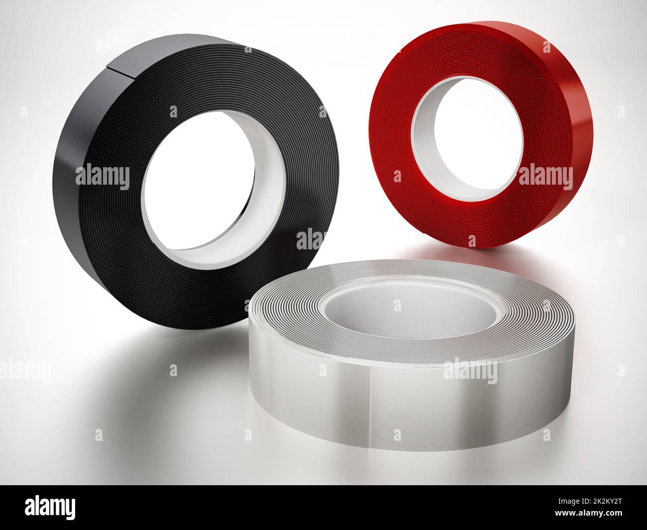 Black, white and red electrical tapes isolated on white background. 3D