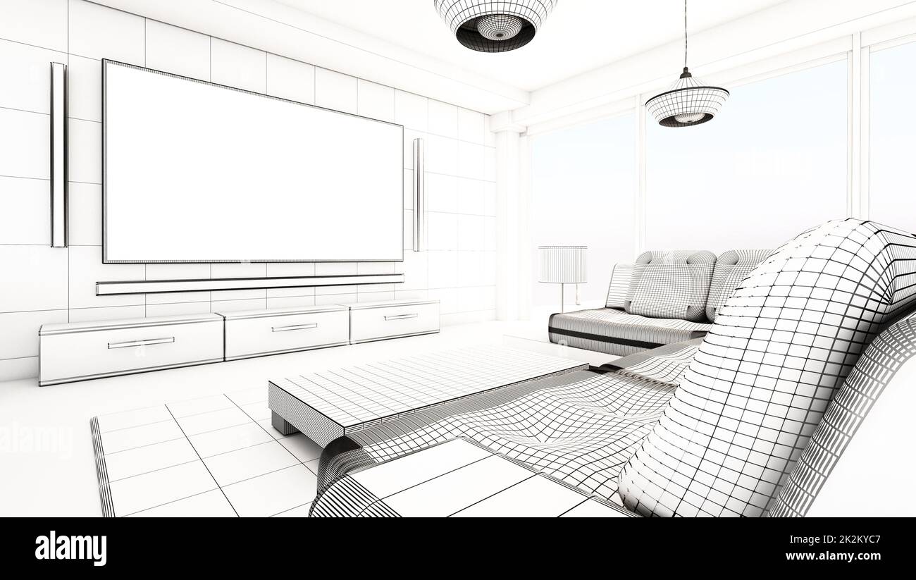 Modern living room wireframe rendering. 3D illustration Stock Photo Alamy
