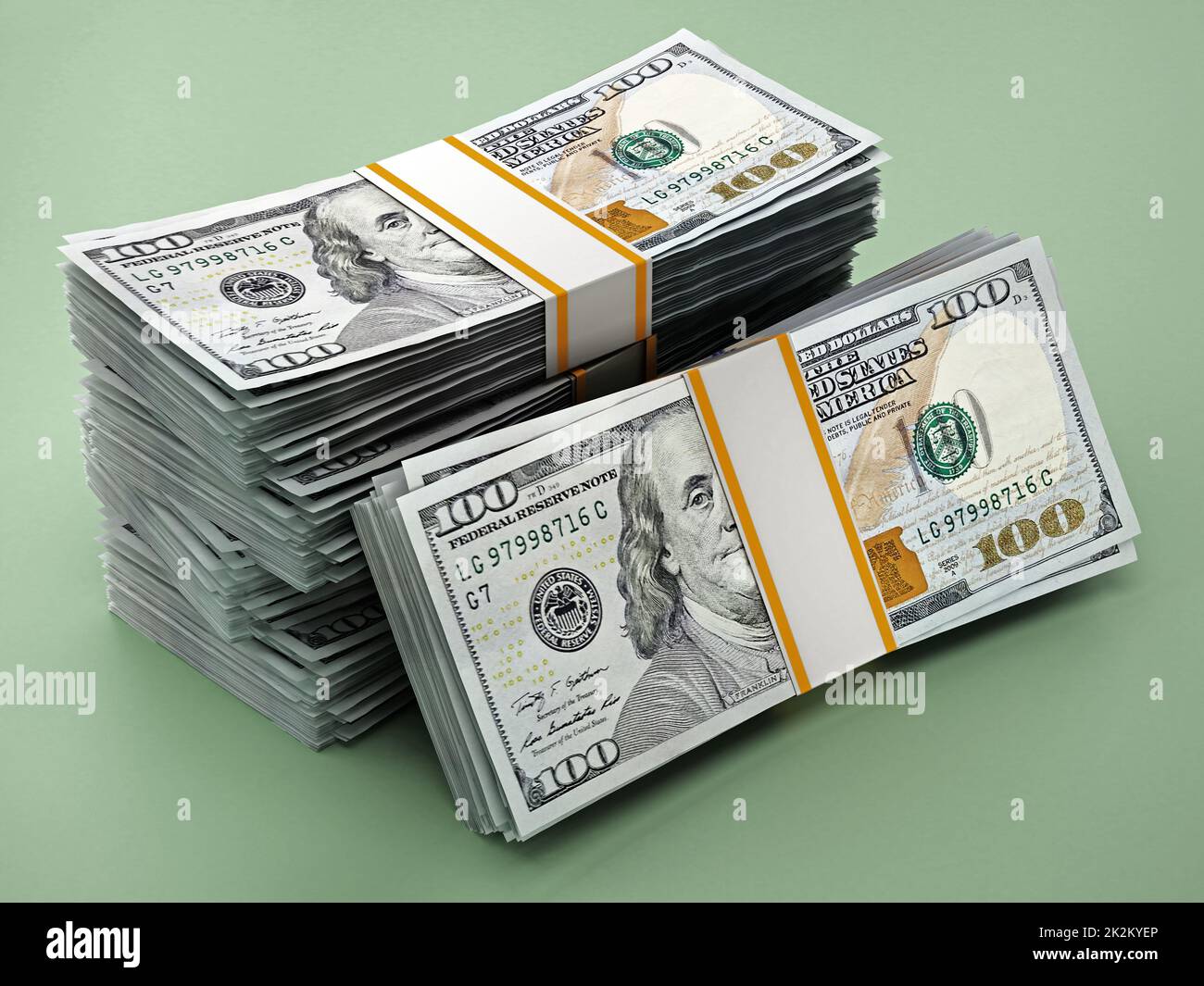 Stack of 100 dollar bills on green background. 3D illustration Stock Photo