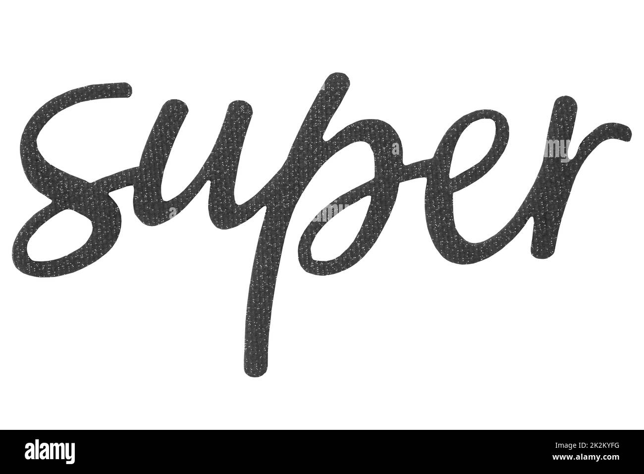 Closeup of the word "Super" in black color made of paper and fabric isolated on a white background. Clipping path. Stock Photo