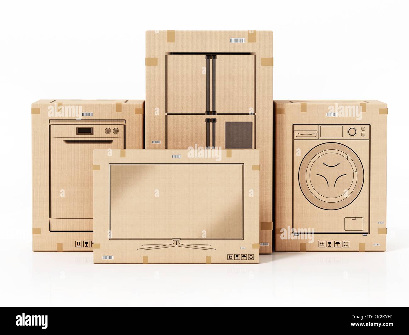 Home appliances boxes isolated on white background. 3D illustration