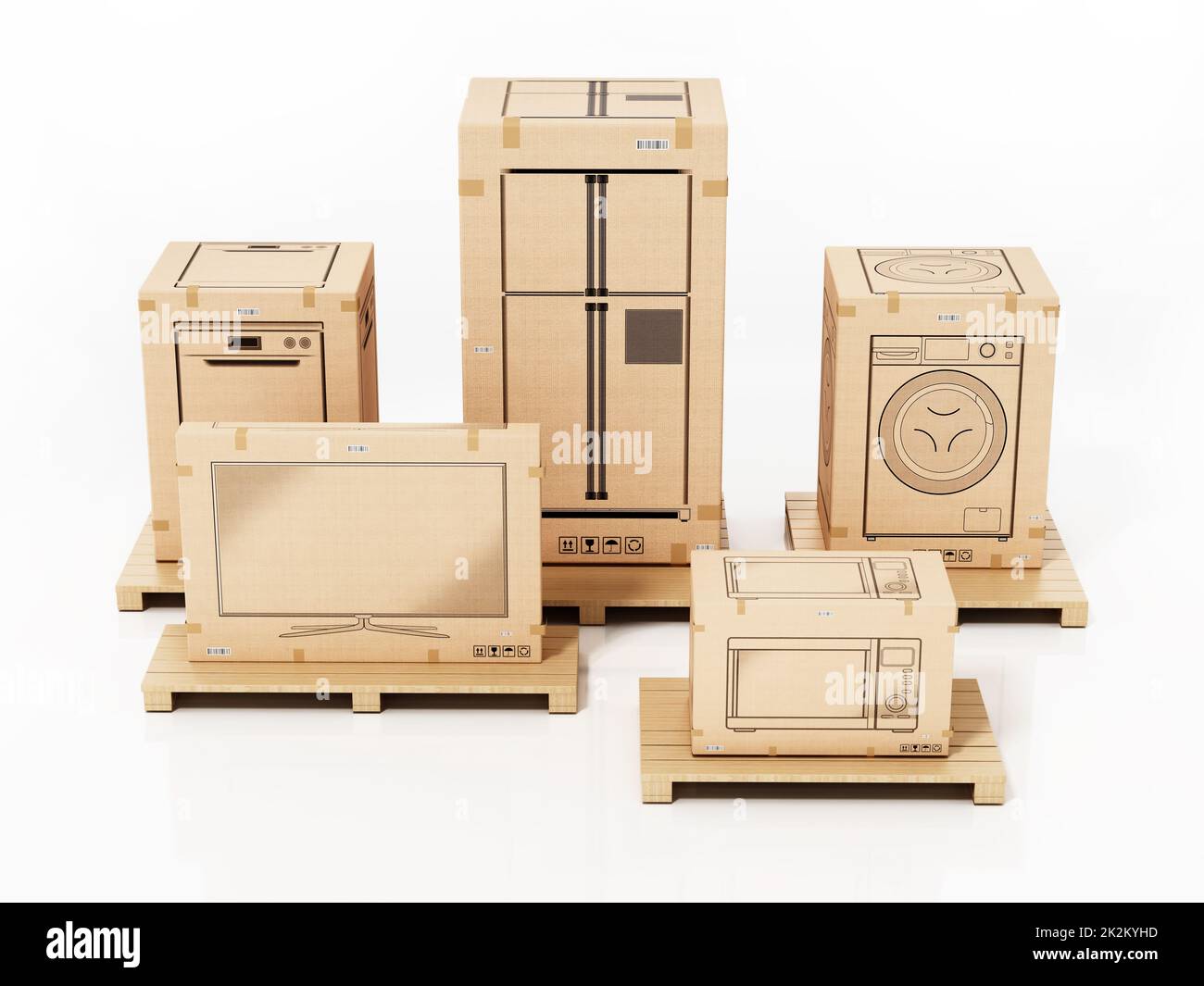 Home appliances boxes isolated on white background. 3D illustration