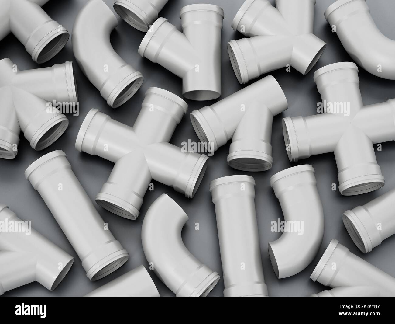 PVC water tube connection parts on gray background. 3D illustration Stock Photo
