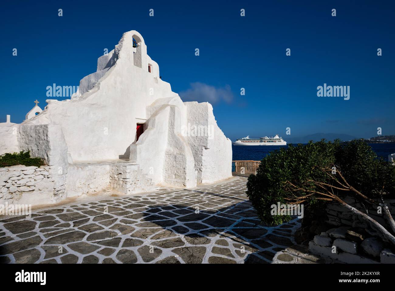 Greek Orthodox Church of Panagia Paraportiani in town of Chora on Mykonos island Stock Photo