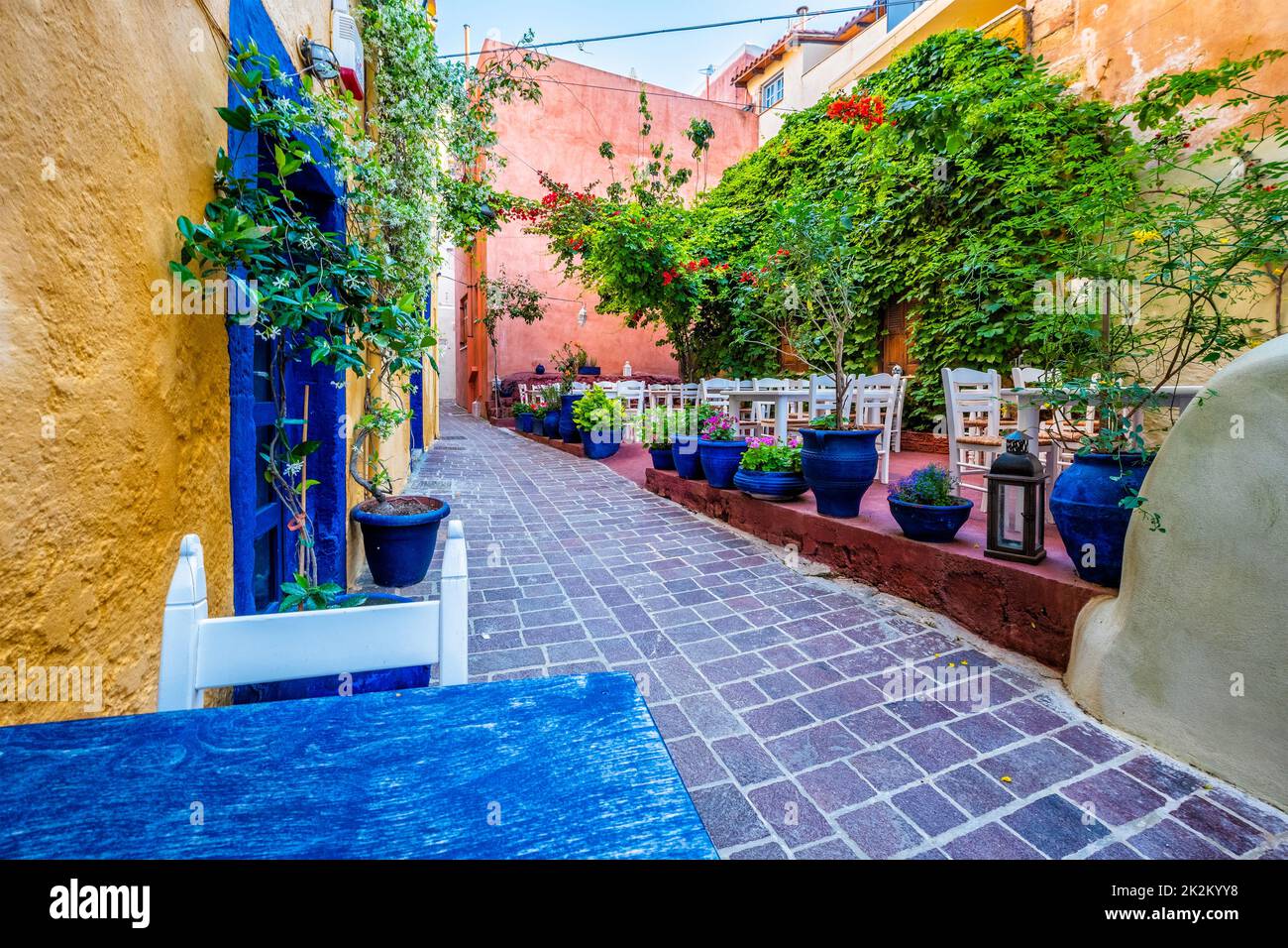 Scenic picturesque streets of Chania venetian town. Chania, Creete, Greece Stock Photo