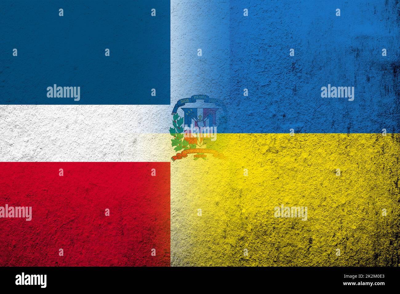 National flag of Dominican Republic with National flag of Ukraine. Grunge background Stock Photo