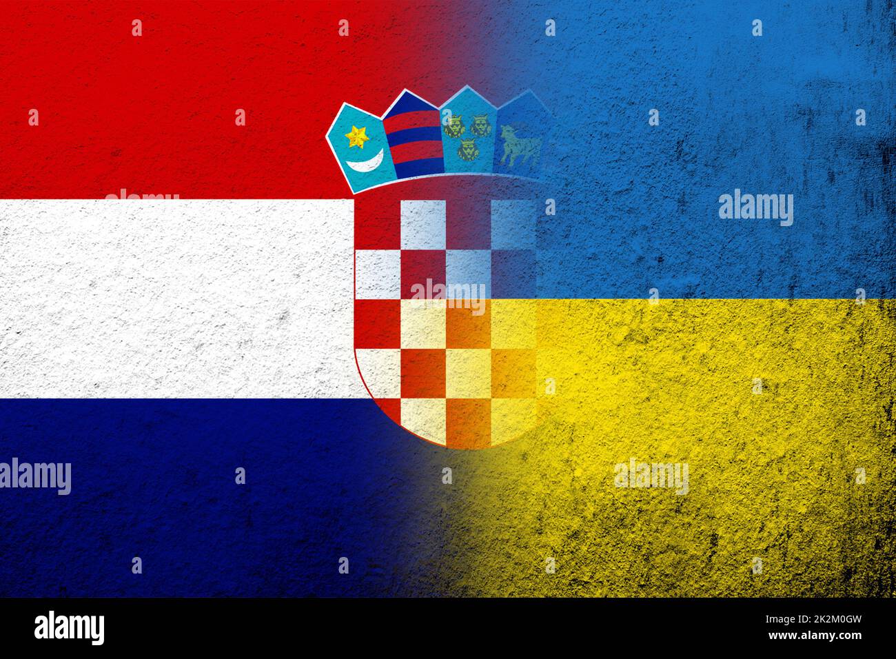 Republic of Croatia National flag with National flag of Ukraine. Grunge background Stock Photo