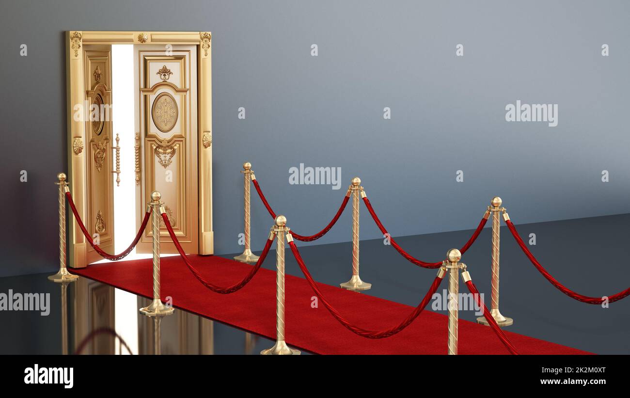 Red carpet and velvet ropes leading to the half open golden door. 3D