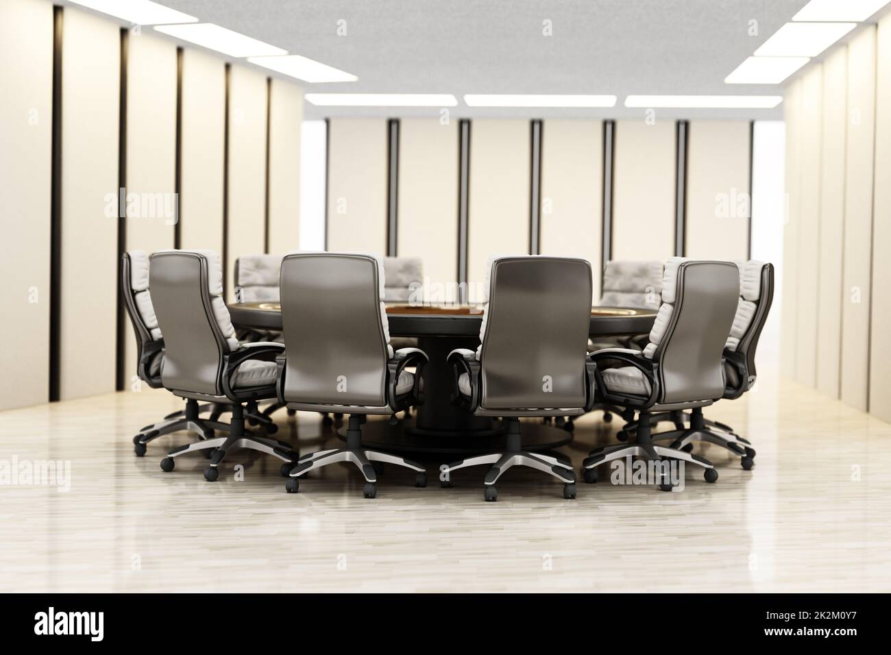 Round table and chairs inside boardroom. 3D illustration Stock Photo