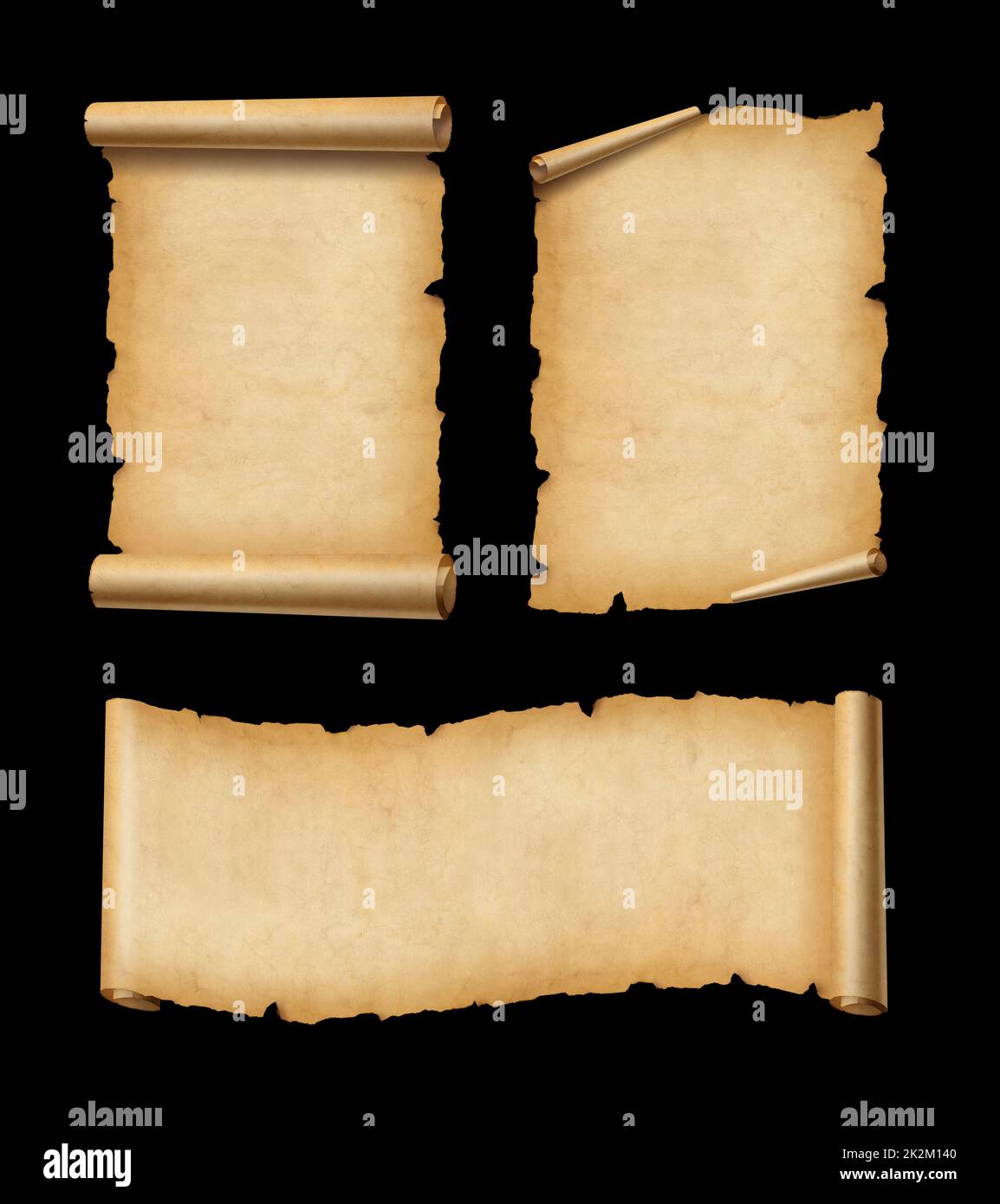 Old Parchment paper scroll set isolated on black. Horizontal and vertical banners Stock Photo