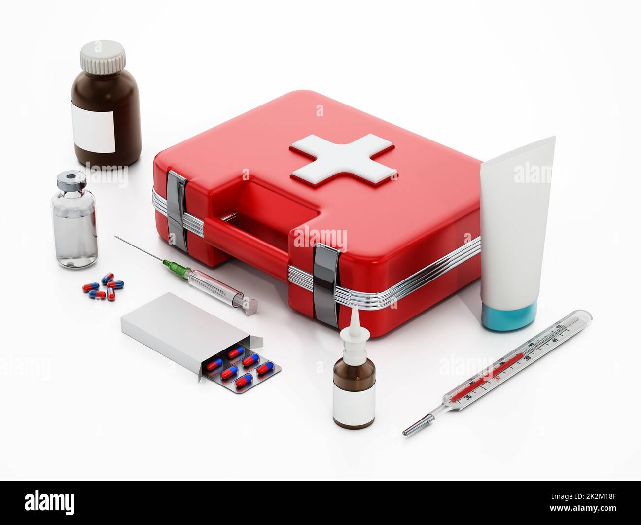 First aid kit, medical tools and medicine isolated on white background