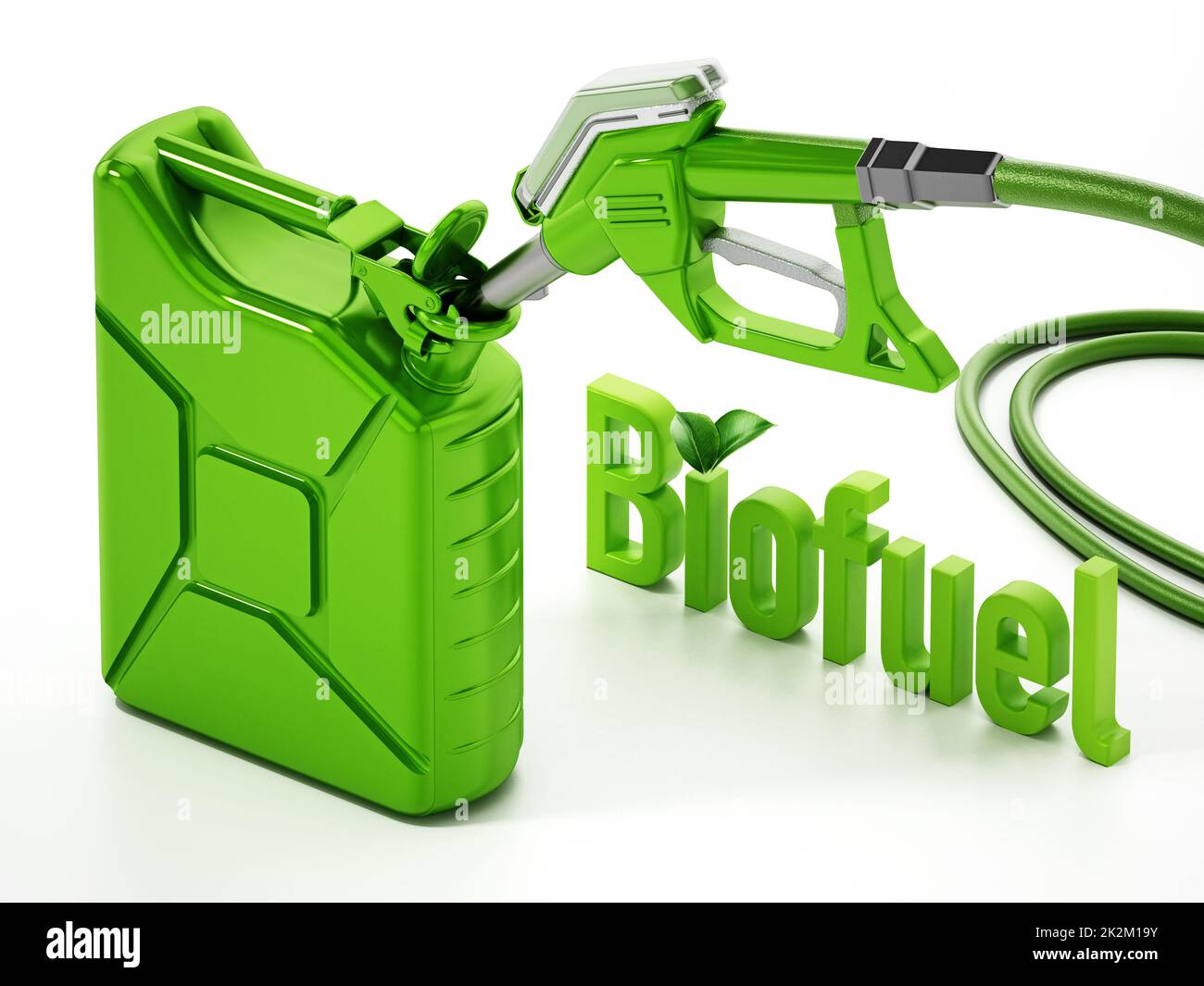Biofuel word standing next to green gas tank and gas pump. 3D