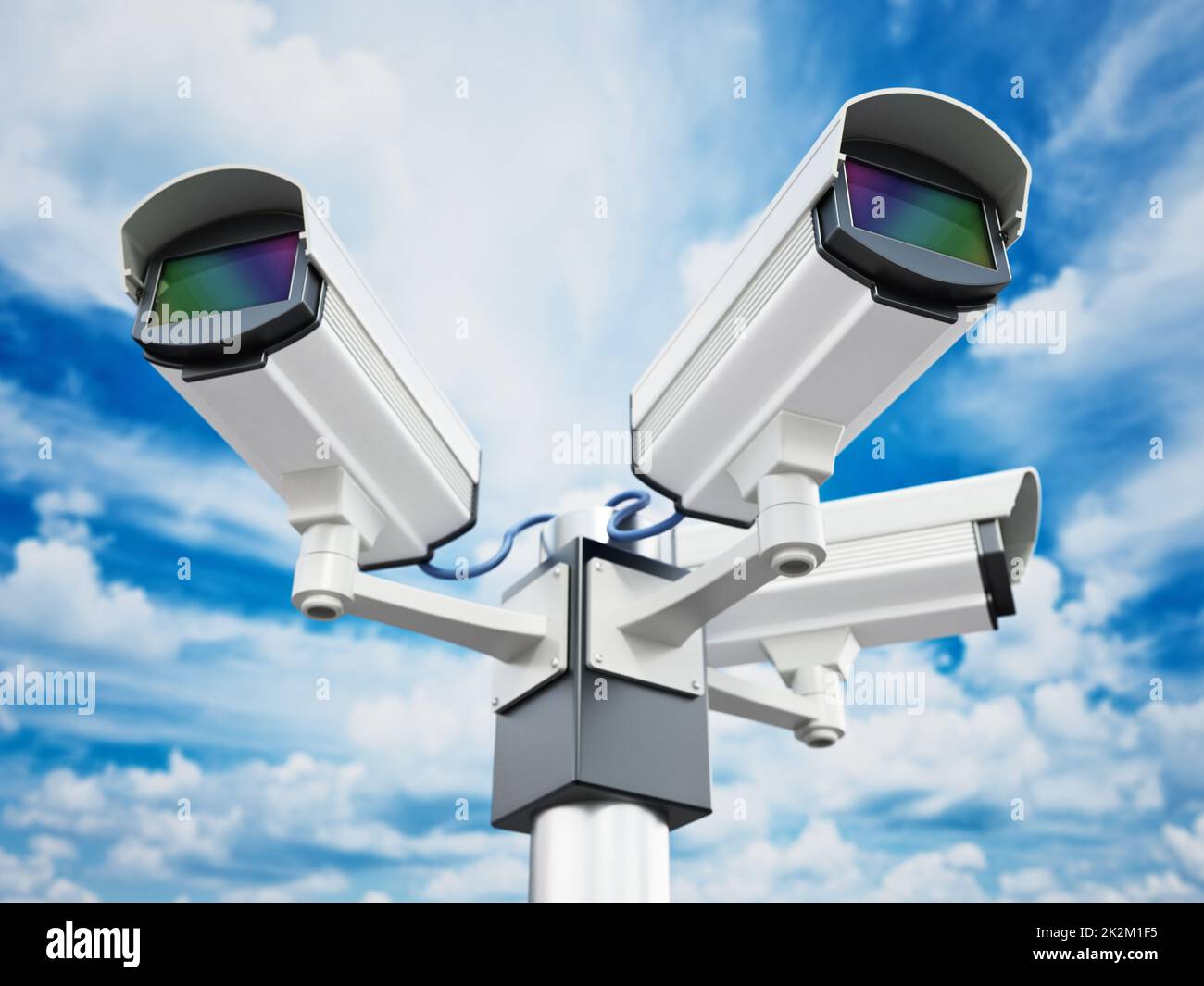 Security cameras on the pole on blue sky background. 3D illustration
