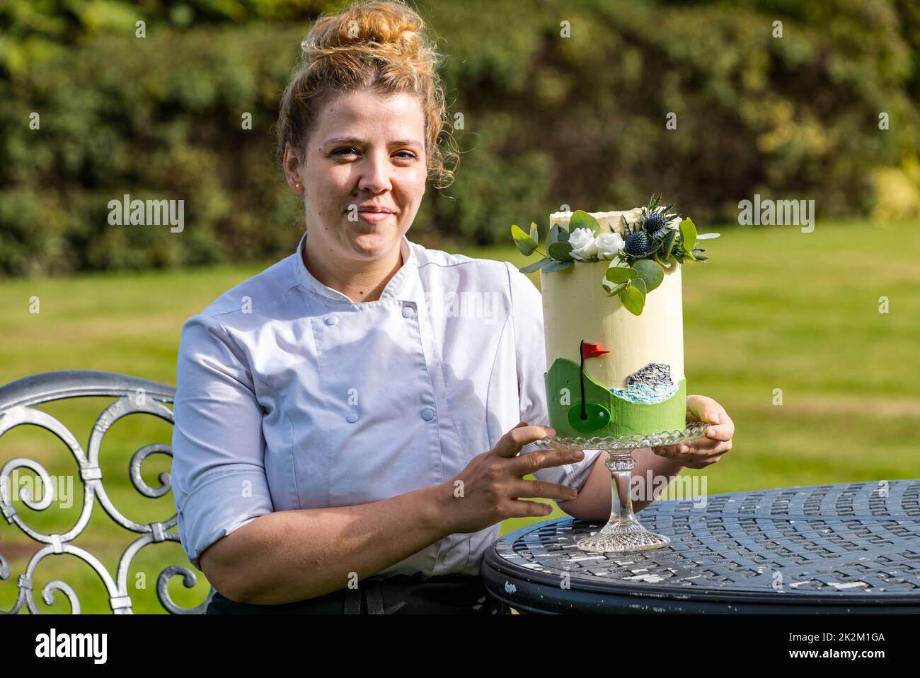 Marine Hotel, North Berwick,  Scotland, United Kingdom, 23 September 2022. Marine Hotel Birthday: Head Pastry Chef at the Lawn restaurant at the hotel has created a birthday cake to celebrate its first birthday, recognising the links to golf and the Bass Rock. Pictured: Head Pastry Chef Sarah Brion who created the cake. Credit: Sally Anderson/Alamy Live News Stock Photo