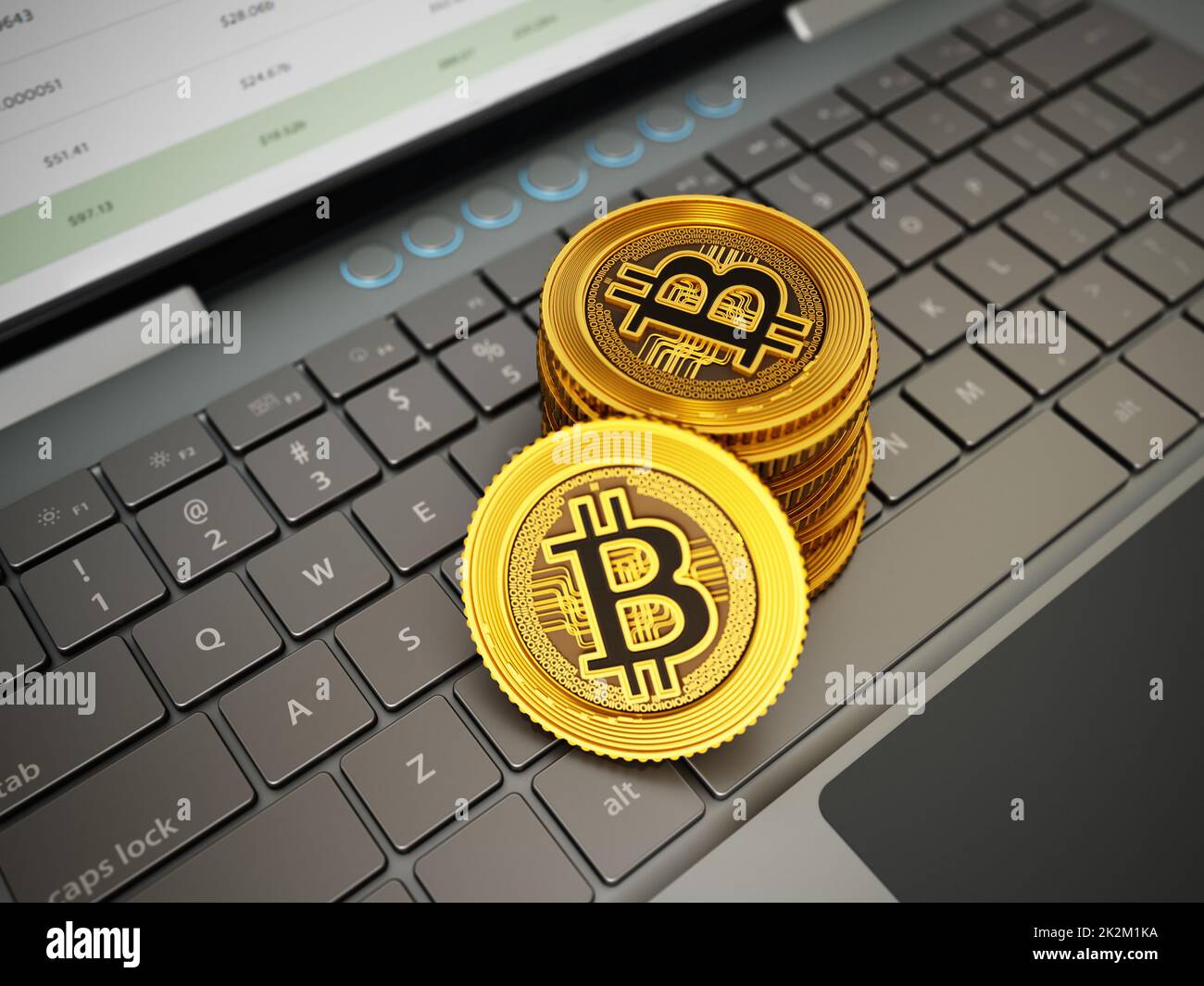 Generic crypto currency coins standing on laptop computer keyboard. 3D illustration Stock Photo