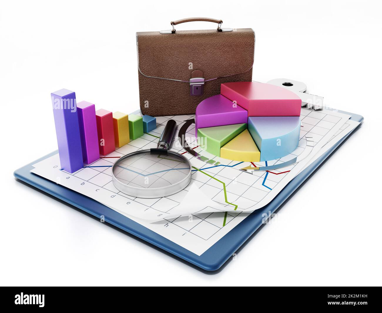 Business charts, graphs, briefcase and magnifying glass on clipboard. 3D illustration Stock Photo