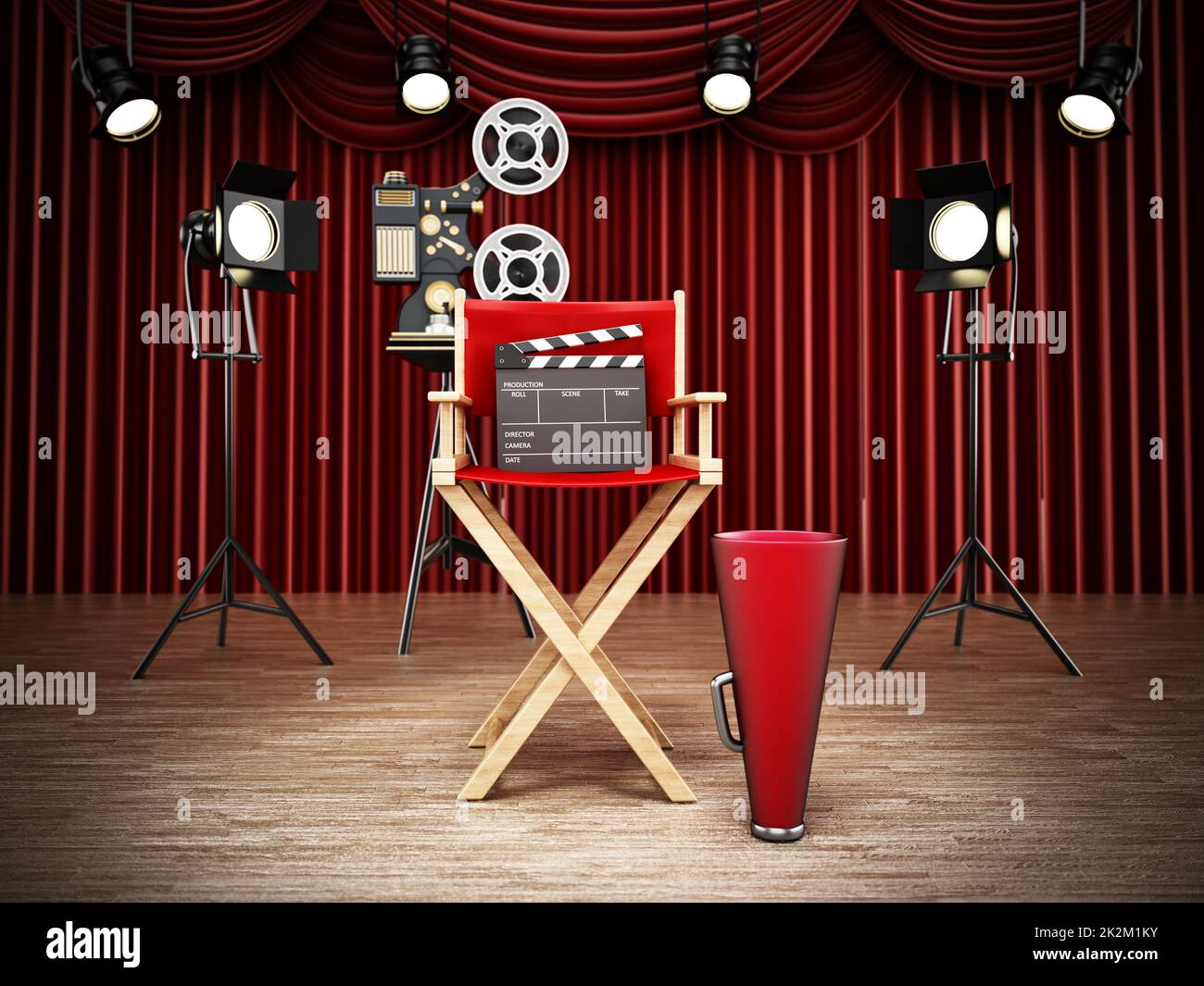 Vintage camera, director's chair, clapperboard and horn in studio. 3D ...