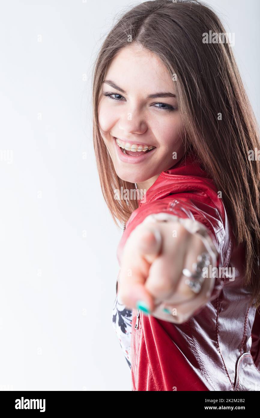 girl laughing and pointing out Stock Photo Alamy