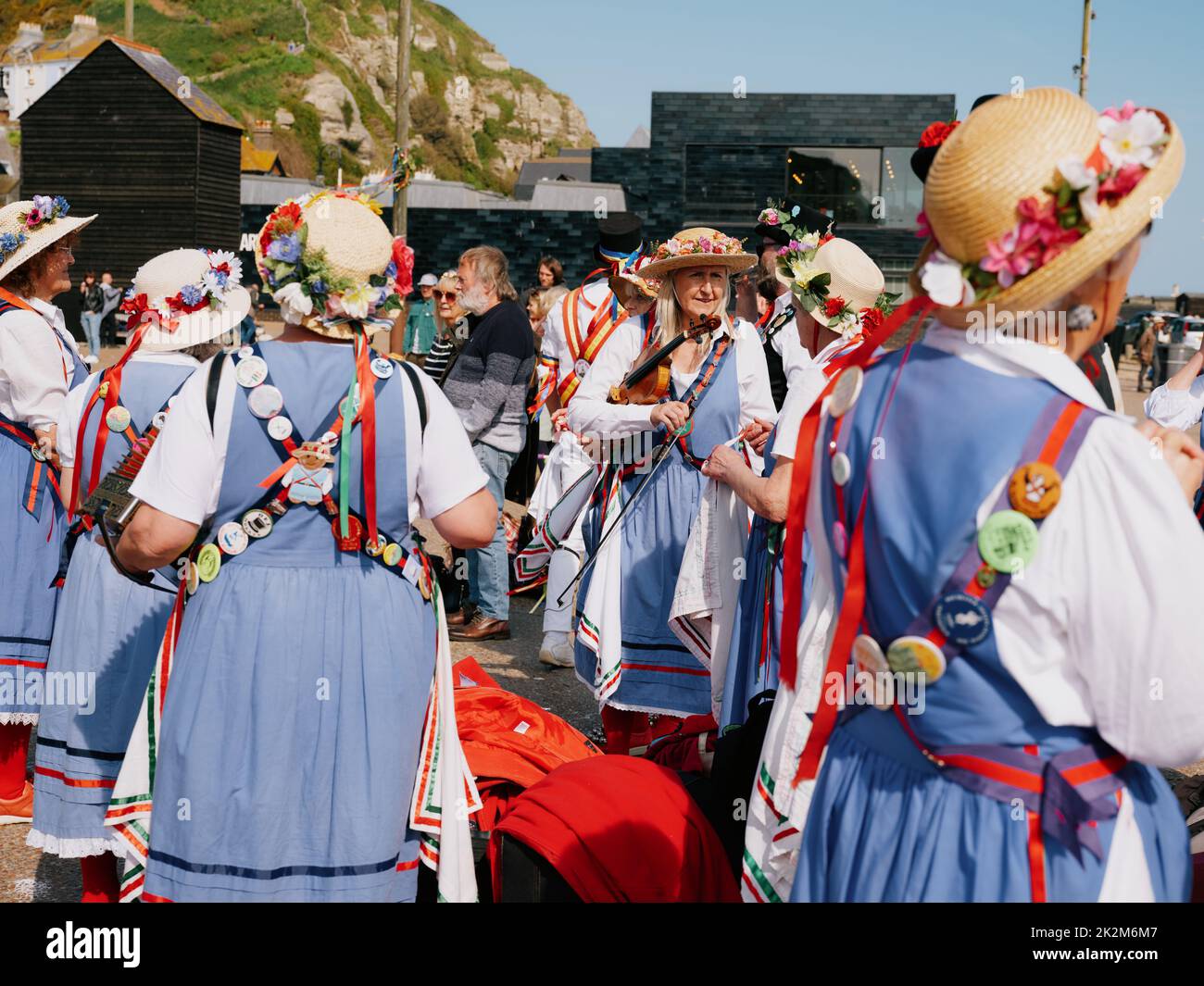 Morris dancers gather on The Stade open space at the Jack in the Green festival May 2022 - Hastings East Sussex England UK Stock Photo