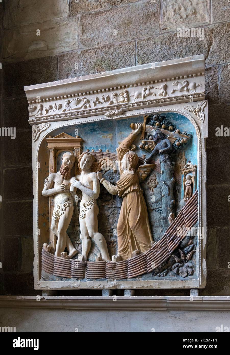 Ancient bas-relief carving of biblical scenes in the monastry of Le Mont Saint-Michel, a Unesco World Heritage Site, Normandy, France, Europe. Stock Photo