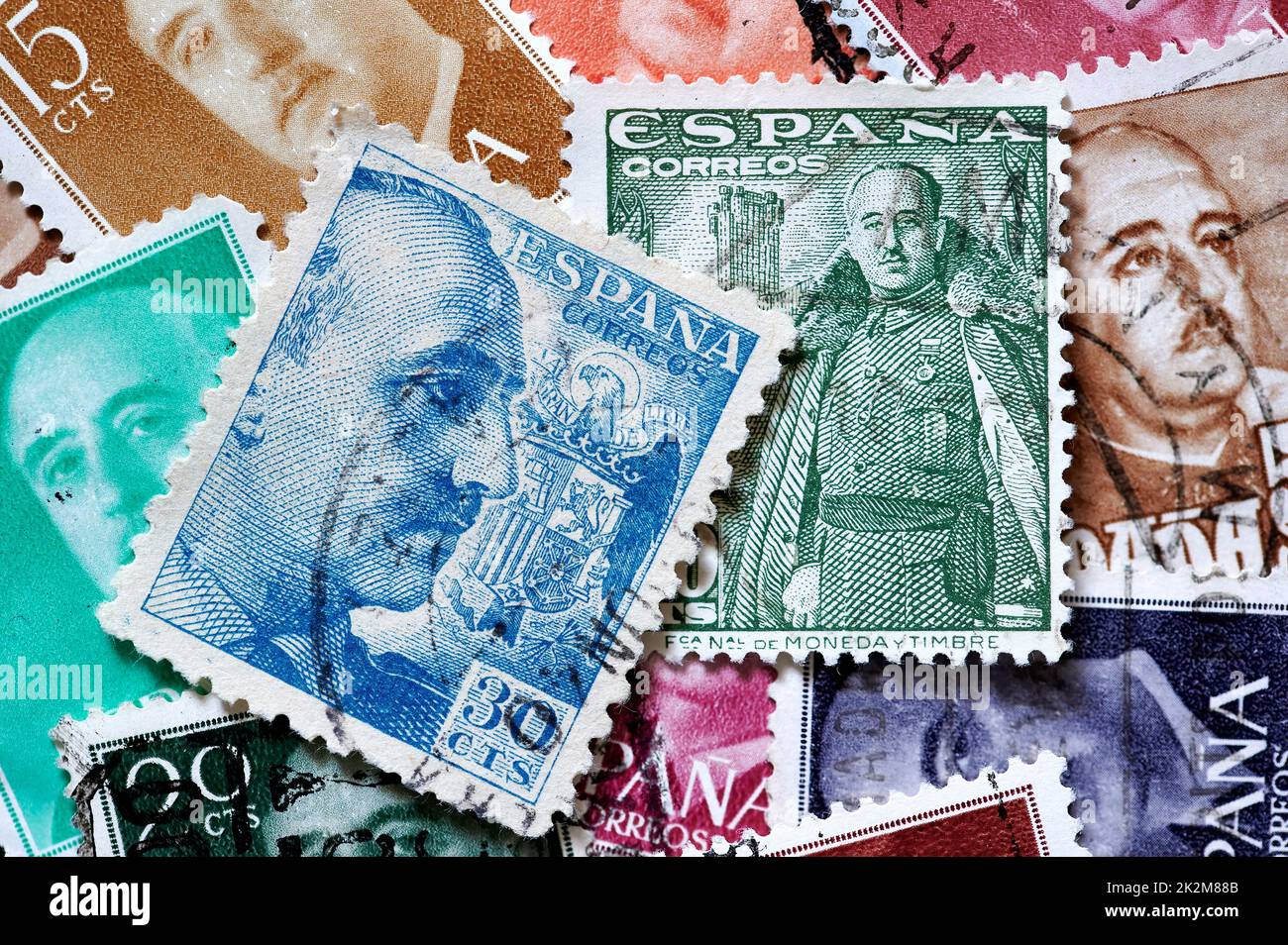 Madrid, Spain; 09-22-2022: Postage stamps with the portrait of the dictator of Spain Francisco Franco who started the civil war and ruled Spain later Stock Photo