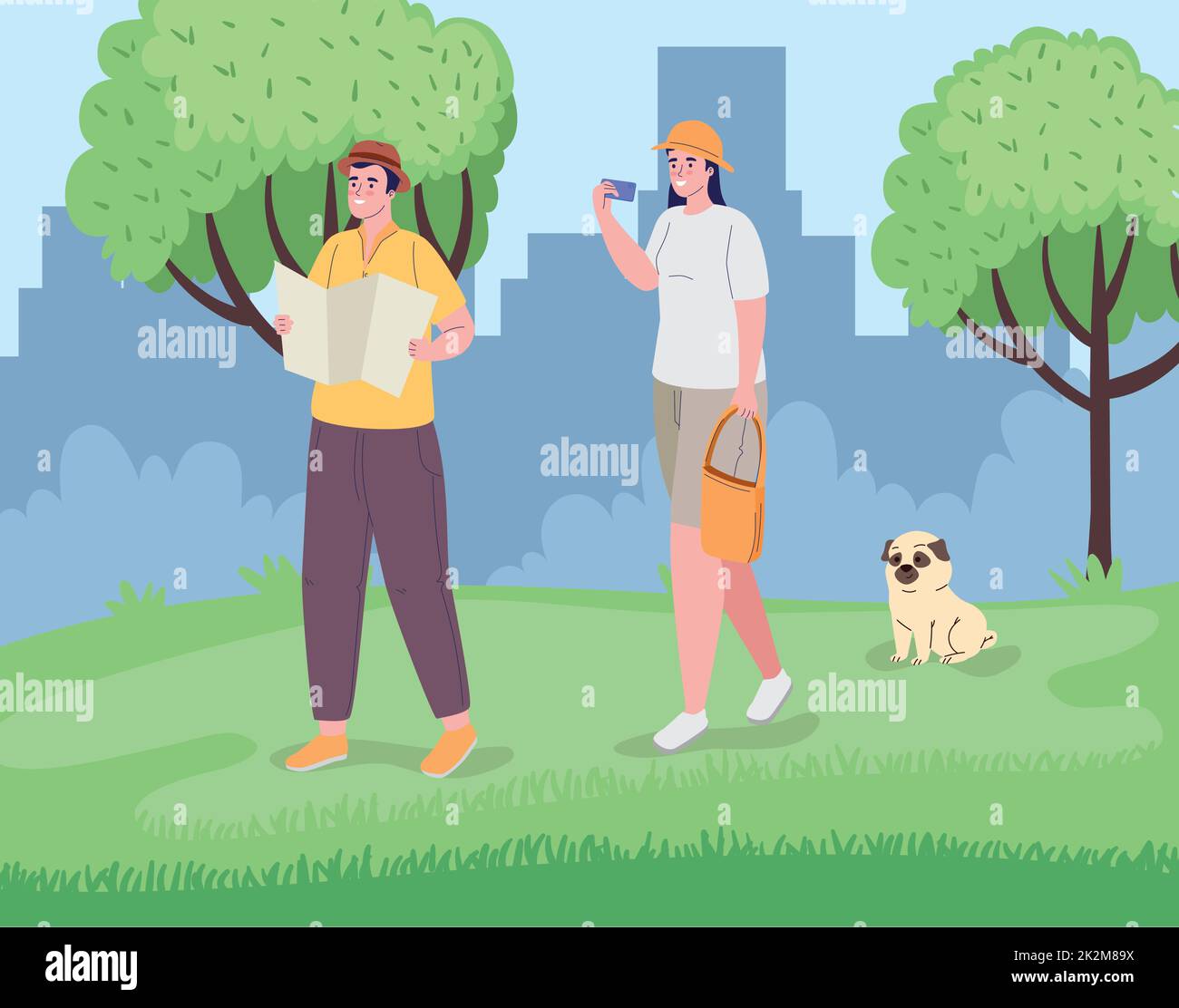 couple travelers with dog Stock Vector