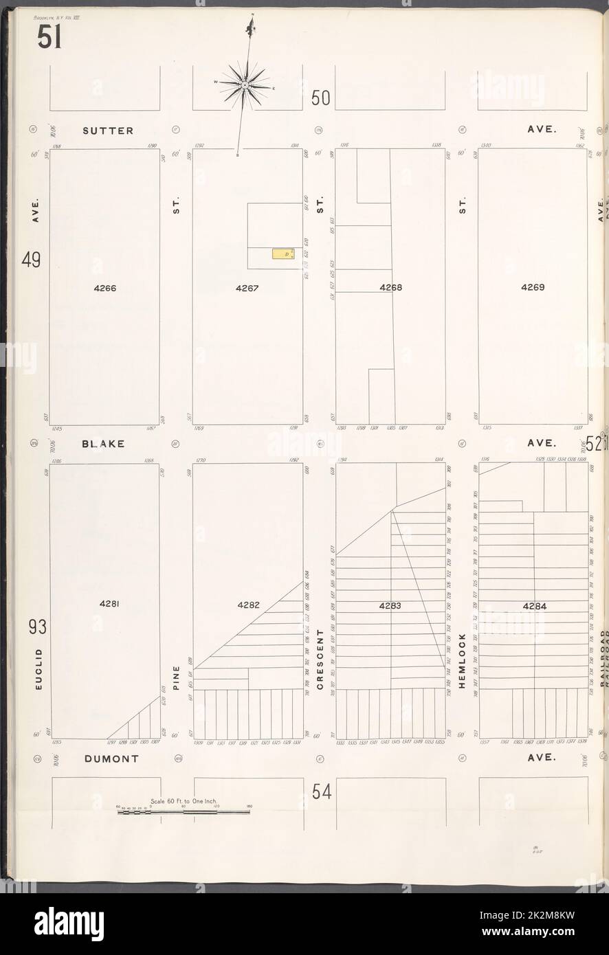 Cartographic, Maps. 1884 - 1936. Lionel Pincus and Princess Firyal Map Division. Fire insurance , New York (State), Real property , New York (State), Cities & towns , New York (State) Brooklyn V. 8, Plate No. 51 Map bounded by Sutter Ave., Railroad Ave., Dumont Ave., Euclid Ave. Stock Photo