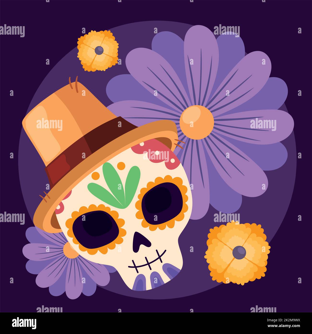 dia de los muertos skull with hat Stock Vector