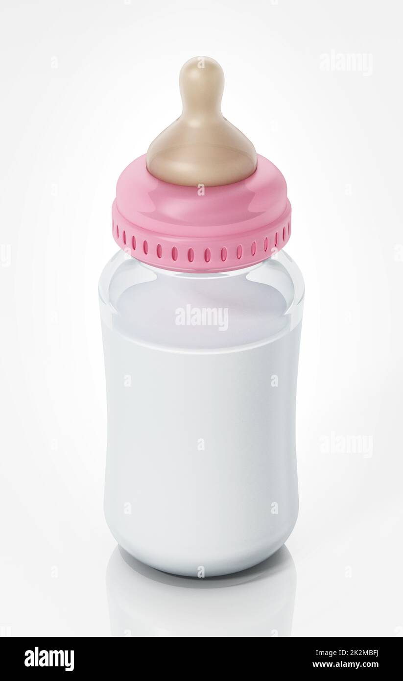 Glass baby bottle with milk isolated on white background. 3D ...