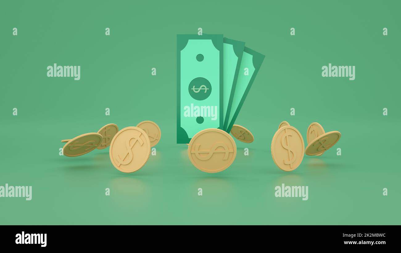 Cash dollar bills and floating coins around on green background. money-saving, cashless society concept. Stock Photo