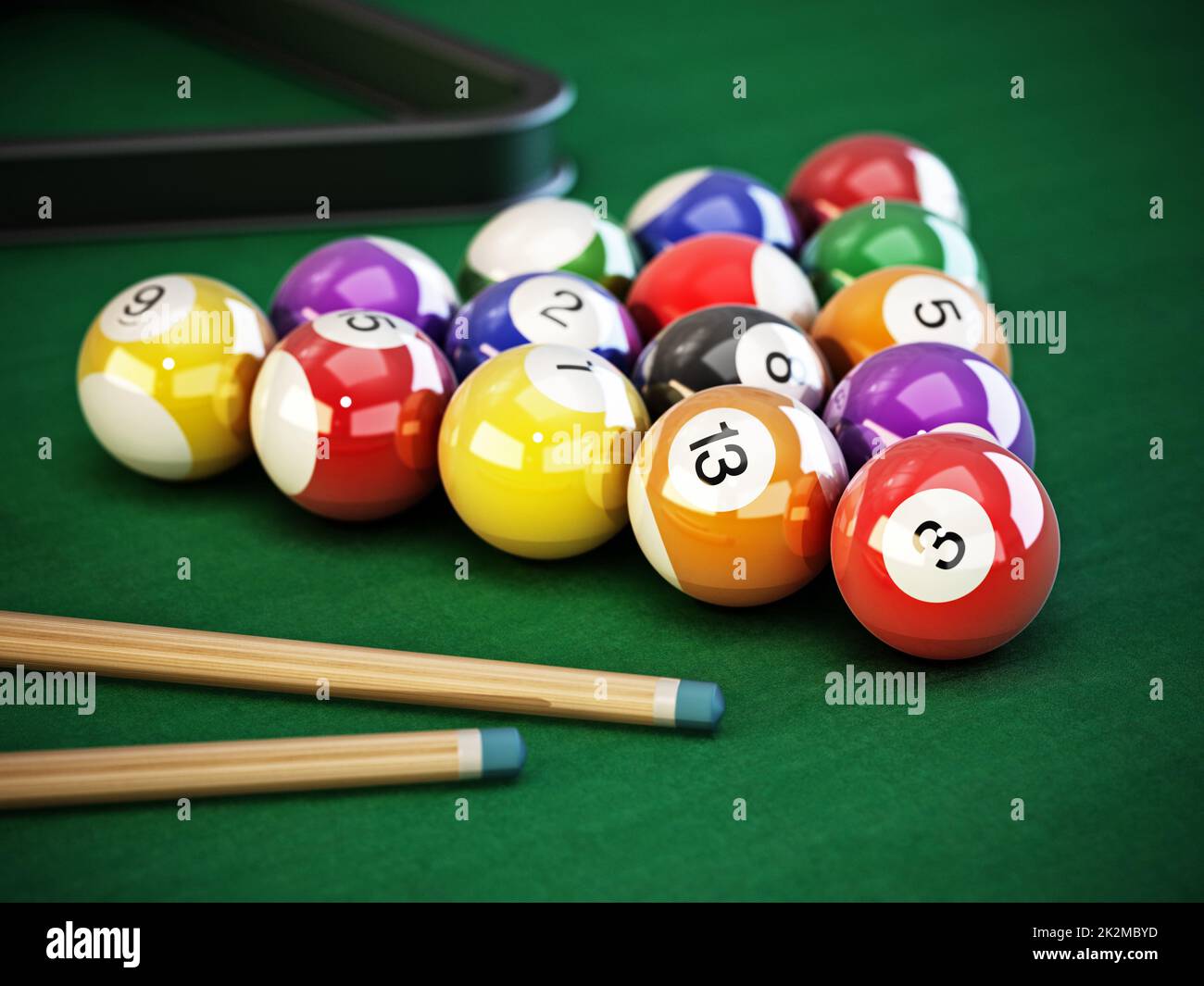 Pool or billiard balls and cue on green table cloth. 3D illustration Stock Photo