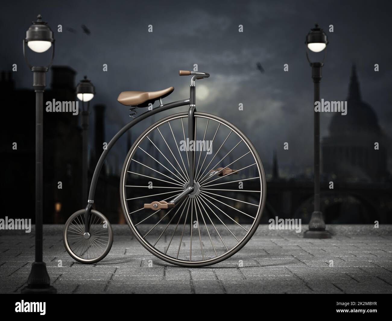 Retro bicycle or penny farthing on victorian sytle background. 3D illustration Stock Photo