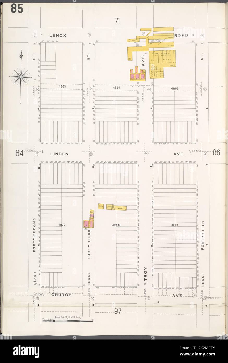 Cartographic, Maps. 1884 - 1936. Lionel Pincus and Princess Firyal Map Division. Fire insurance , New York (State), Real property , New York (State), Cities & towns , New York (State) Brooklyn V. 10, Plate No. 85 Map bounded by Lenox Rd., E. 45th St., Church Ave., E. 42nd St. Stock Photo