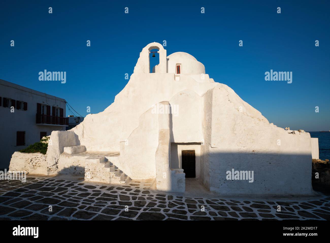 Greek Orthodox Church of Panagia Paraportiani in town of Chora on Mykonos island Stock Photo