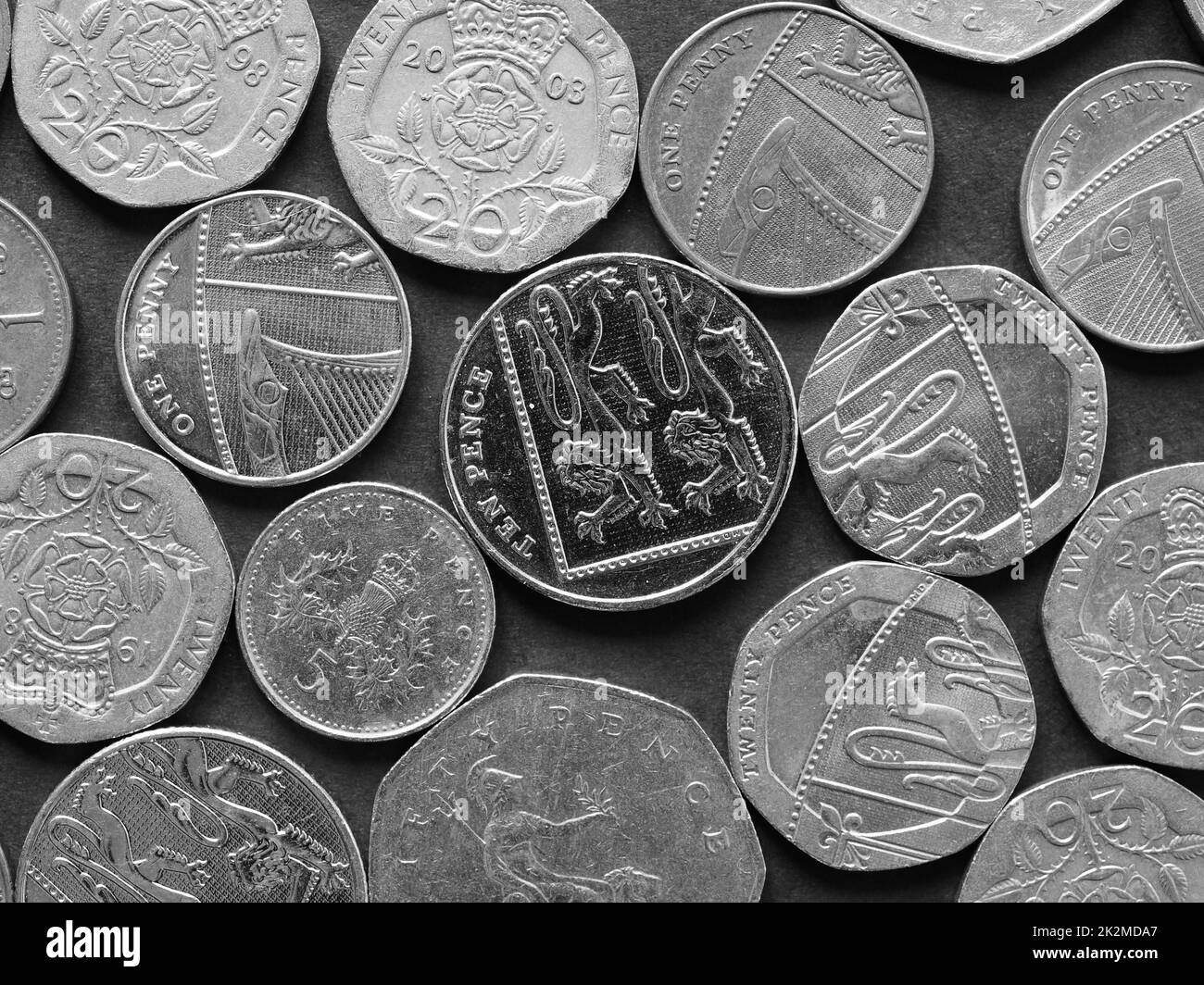 Pound coins, United Kingdom in black and white Stock Photo