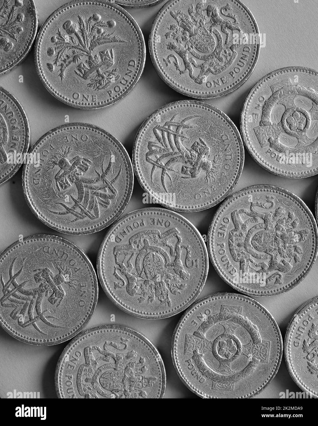 One Pound coins, United Kingdom in black and white Stock Photo