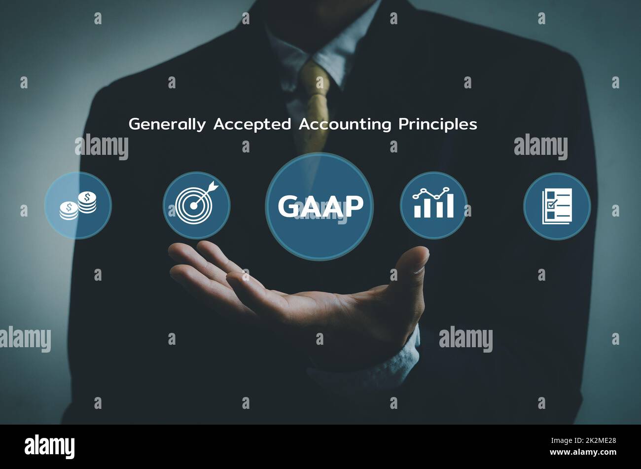 Hand businessman icon GAAP Generally Accepted Accounting Principles  virtual screen.Business financial Concept. Stock Photo