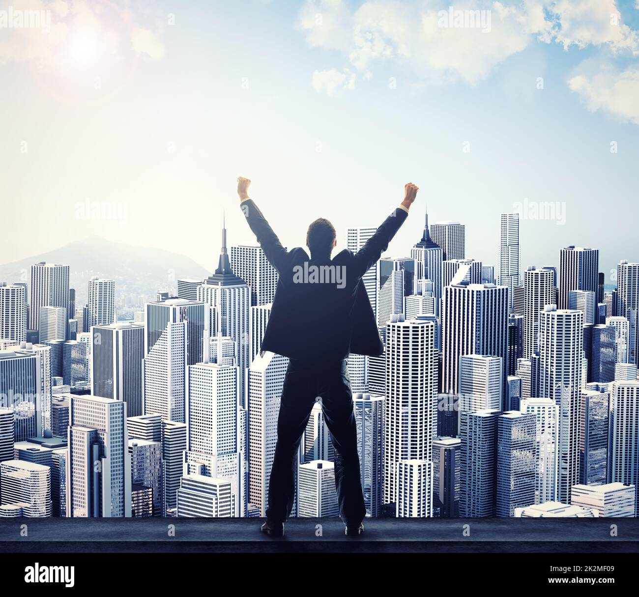Ive finally made it. Rear view of a businessman with his arms raised while looking at a cityscape. Stock Photo