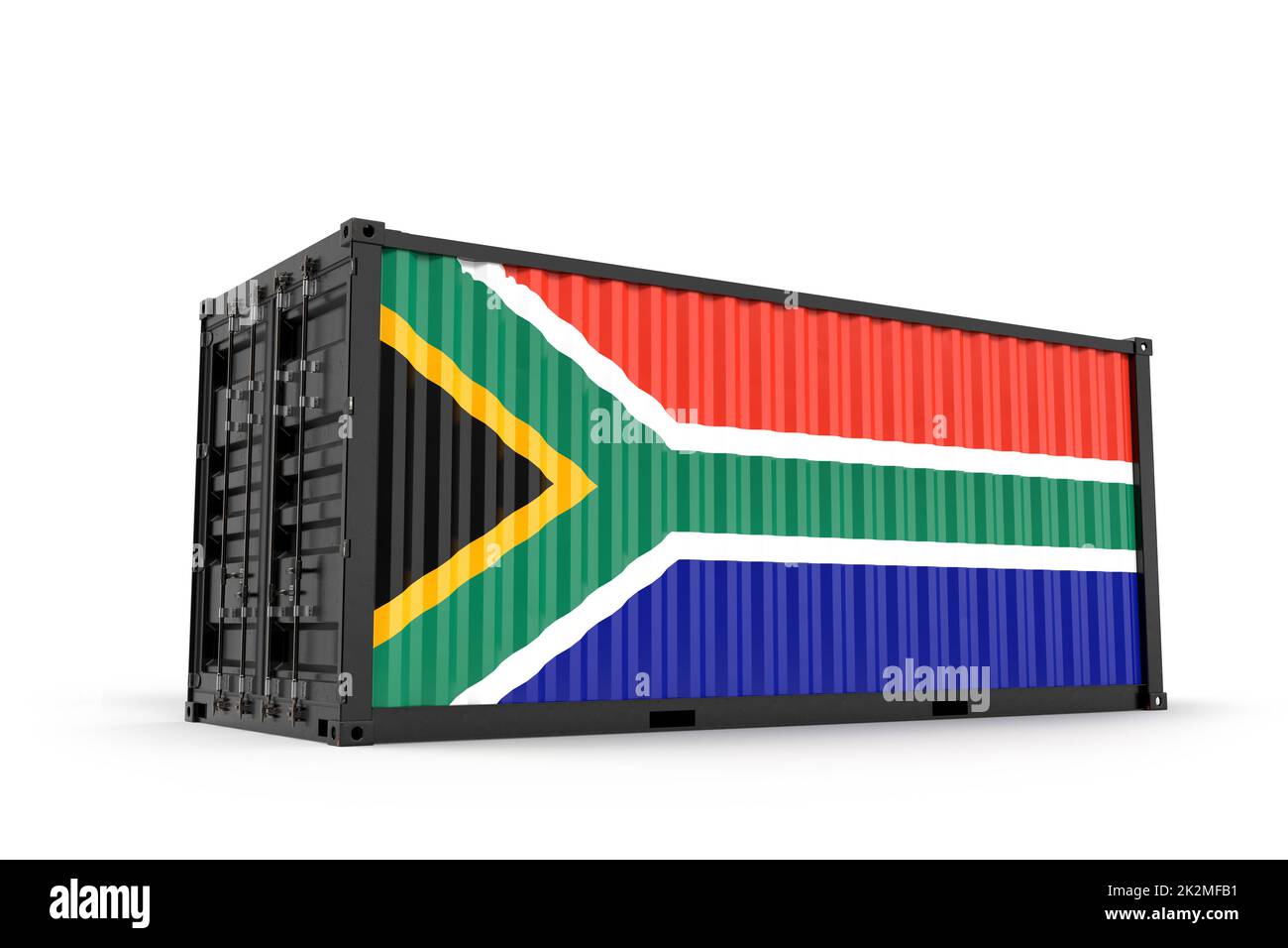 Realistic shipping cargo container textured with Flag of South Africa. Isolated. 3D Rendering