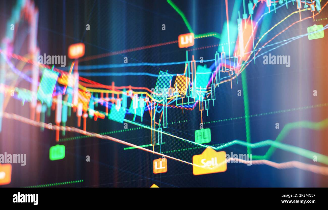 Financial data on a monitor which including of Market Analyze. Bar graphs, Diagrams, financial figures. Abstract glowing forex chart interface wallpap Stock Photo