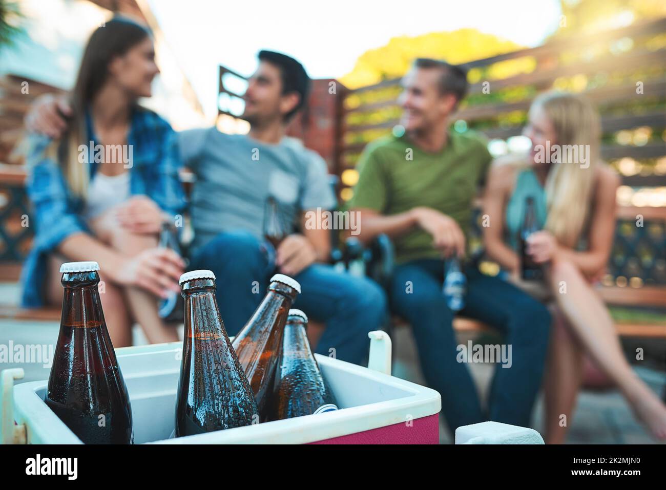 They dont call it a chill out session for nothing. Shot of bottled beers chilling in a cooler box with a group of friends hanging out in the background. Stock Photo