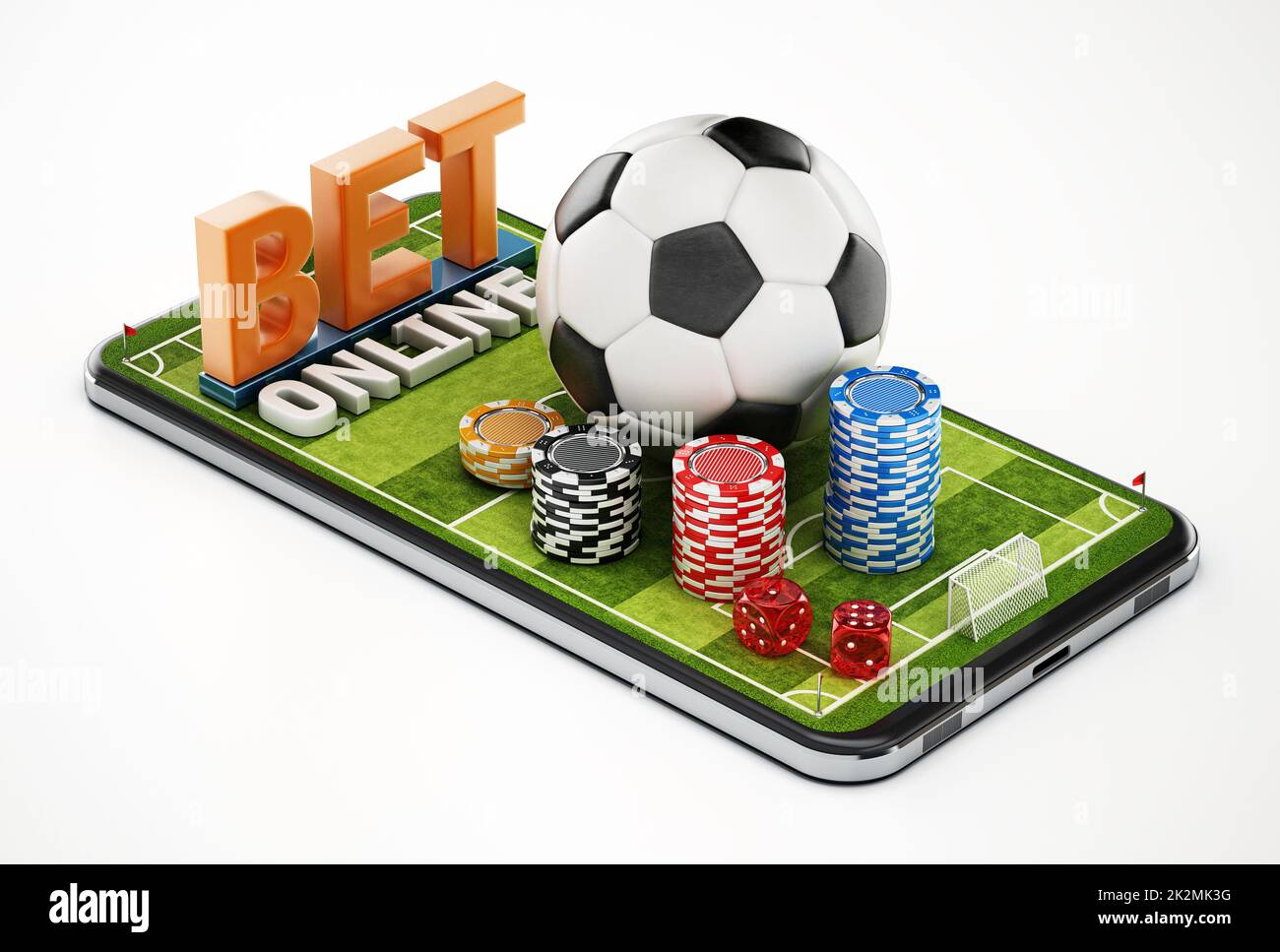 Casino chips, soccer ball and dice standing on smartphone with football ...