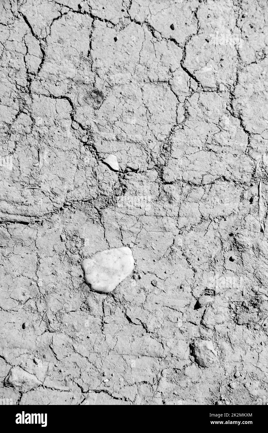 Dry soil, cracked muddy ground, dried mud with cracks, flat lay view