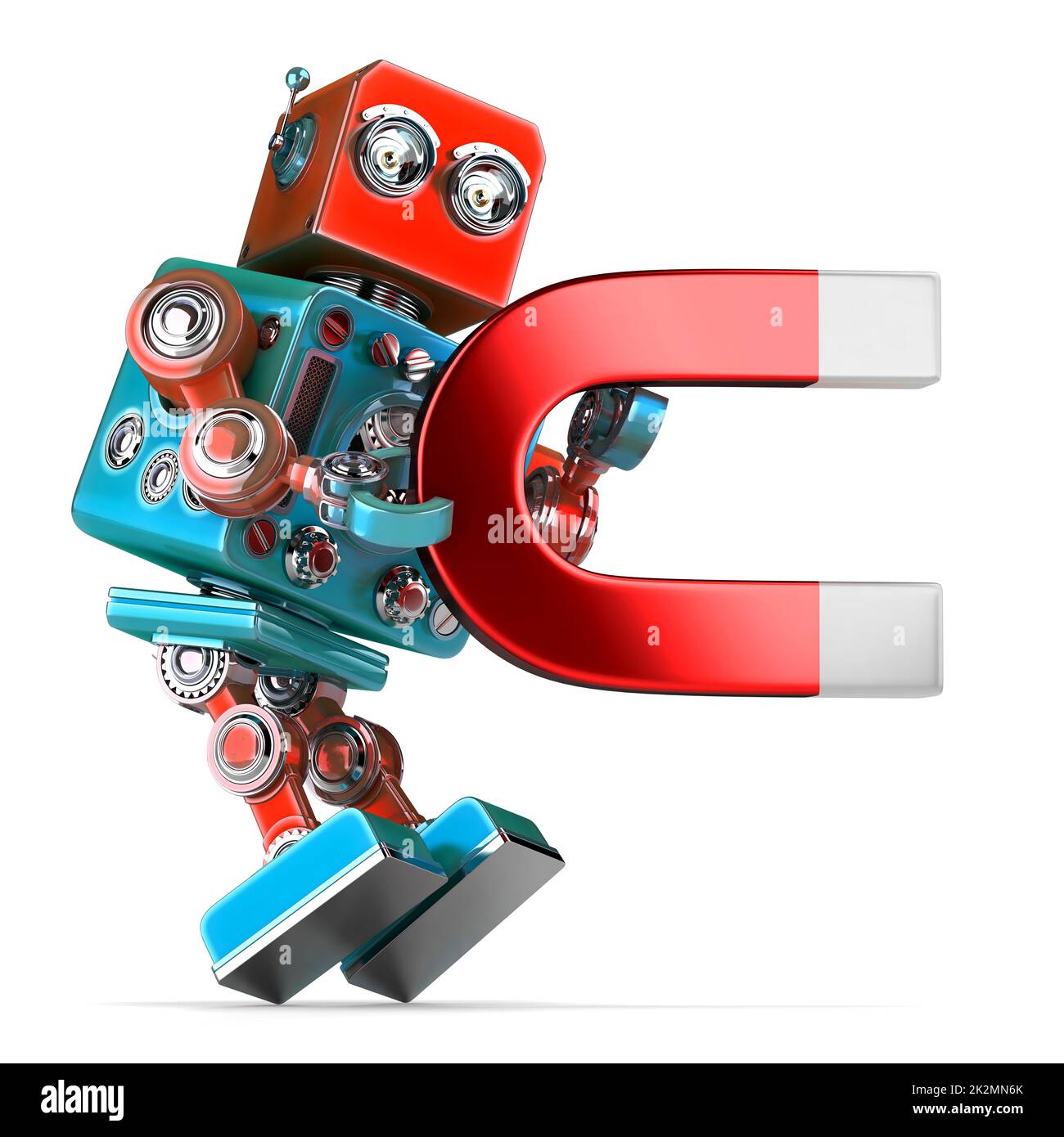 Retro robot holding a big magnet. 3D illustration. Isolated. Contains clipping path Stock Photo
