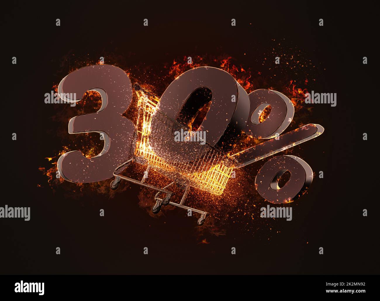 Burning shopping cart and red thirty percentage discount sign. 3D ...