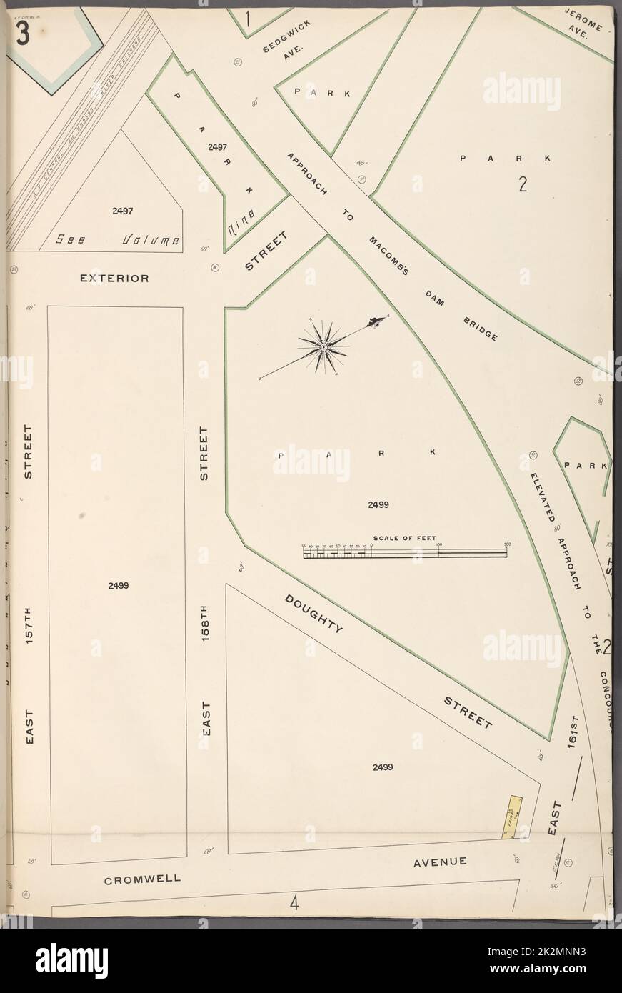 Cartographic, Maps. 1909. Lionel Pincus and Princess Firyal Map Division. Fire insurance , New York (State), Real property , New York (State), Cities & towns , New York (State) Bronx, V. 10, Plate No. 3 Map bounded by Sedgwick Ave., E. 161st St., Cromwell Ave., E. 157th St. Stock Photo