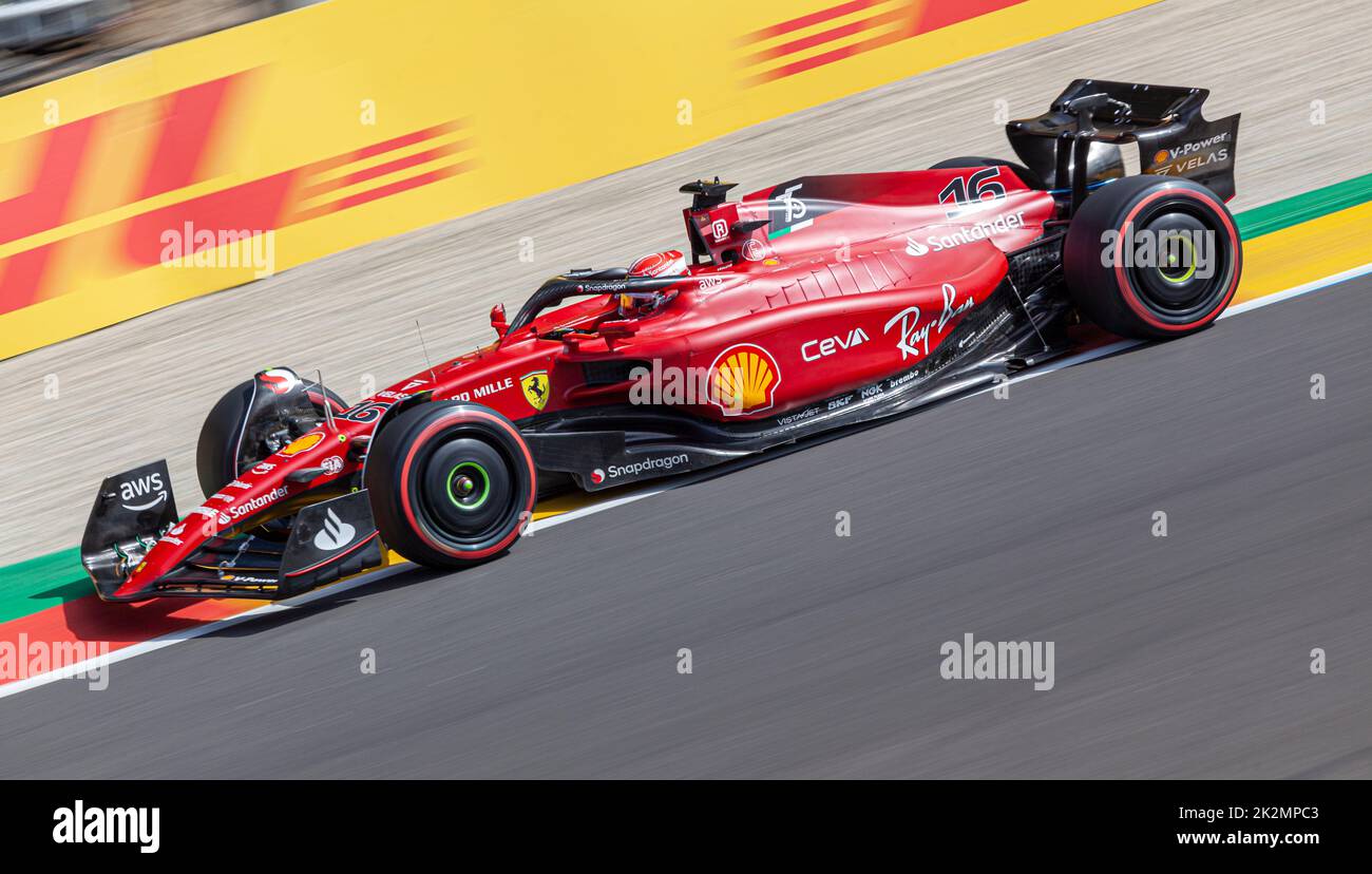Charles LeClerc driving his Ferrari F1 car at the Spa Francorchamps circuit during the Belgium grand prix, August 2022 Stock Photo